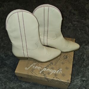Free People Women's Cream Cowboy Boots with Pink Stitch Detail